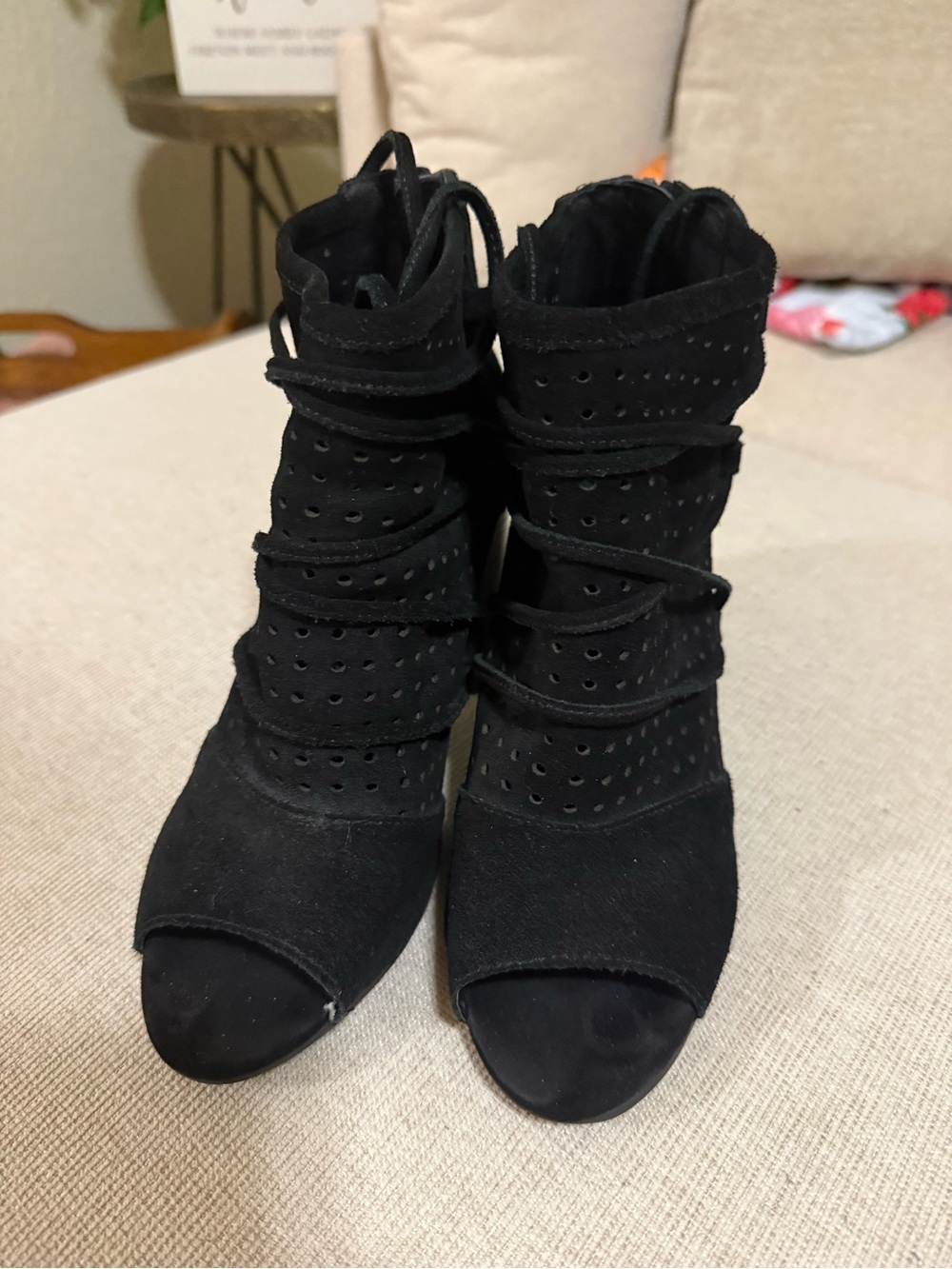 Very Volatile Black Perforated Peep-Toe Lace-Up Ankle Boots